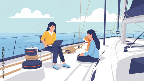 Two women and a dog relax on a sailboat deck, one working on laptop