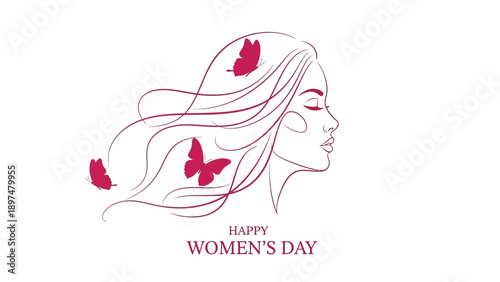Happy women's day illustration with butterfly and woman's face in red lines on white background celebrating international women's day