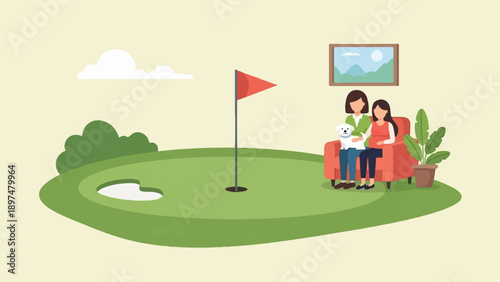 Two women and a dog relax on a sofa on a golf course