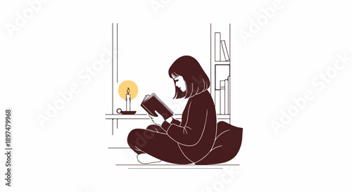 Cozy scene of a person reading a book by candlelight with bookshelves in the background