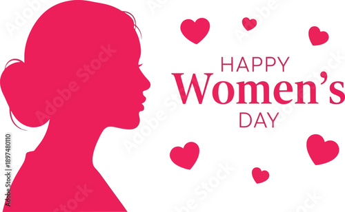 Happy women's day celebration with pink hearts and female silhouette