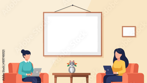 Two women and a dog sit on sofas, laptops, a table, and framed pictures