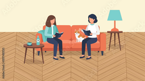 Two women and a dog sit on a couch reading books in a cozy room