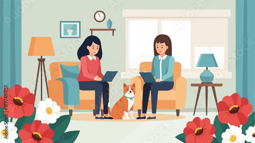 Two women and a dog work on laptops in a cozy room
