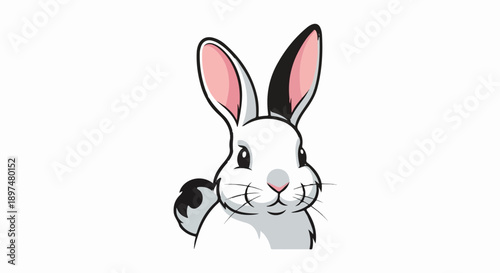 A cute, stylized white rabbit with long ears, one black and one pink inside, and a fluffy tail