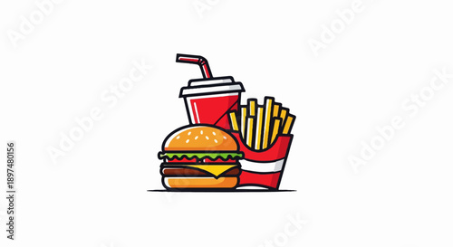 A cartoon-style depiction of a hamburger, french fries, and a red soda cup with a straw on a white background