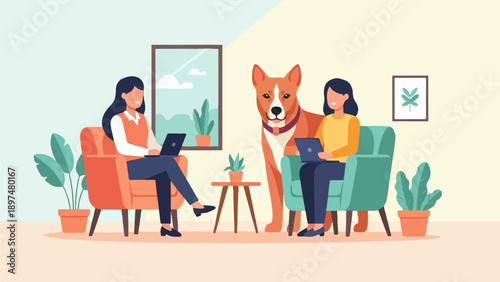 Two women and a dog working on laptops in a cozy living room