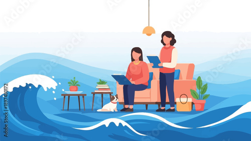 Two women and a dog sit indoors on a couch as large waves crash around them