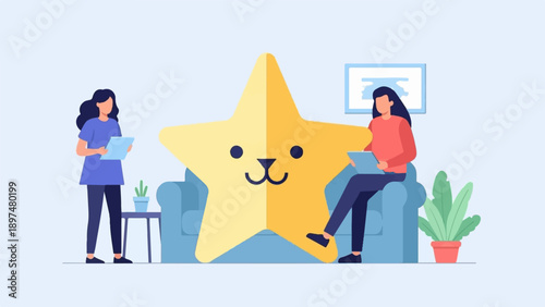 Two women and a giant friendly star in a modern living room