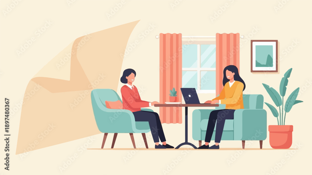Fototapeta premium Two women in armchairs at a table with a laptop and plant