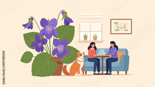 Two women and dog in room with violets and window