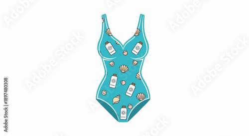 A turquoise one-piece swimsuit adorned with shells and sunscreen bottles