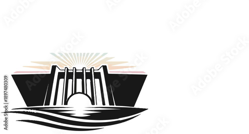 Stylized dam structure with radiating light and flowing water elements