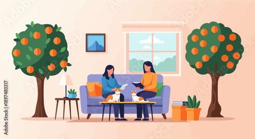 Two women and cats sit on a couch with orange trees indoors