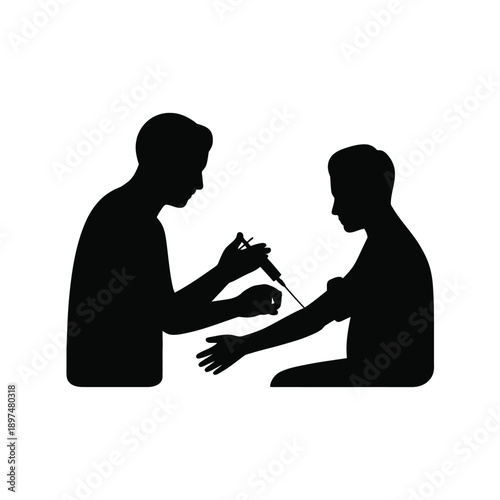A silhouette of a person getting a tattoo from a tattoo artist. isolated on white background, Vector, illustration