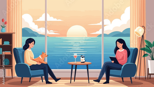Two women relax with pets by a scenic ocean sunset, one reading, one holding dog