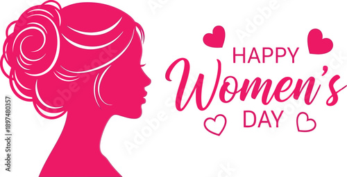 Happy women's day greeting card with pink silhouette of woman and hearts on white background