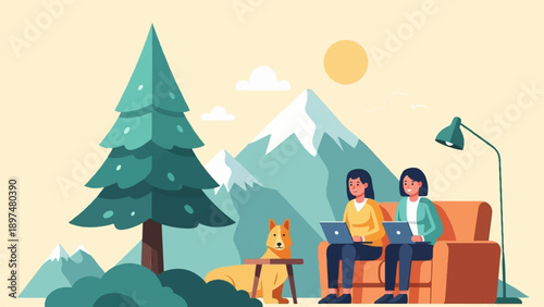 Two women and dog working remotely with laptops in mountain scenery