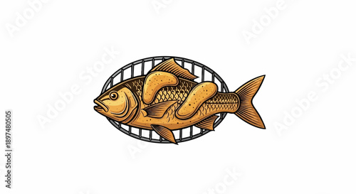 A whole fish grilled on a metal rack with fried potato wedges