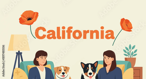 Two women and their dogs relax indoors, with poppies overhead