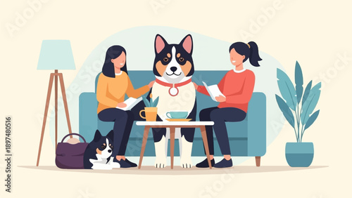 Two women and two dogs relax on a sofa in a cozy indoor setting