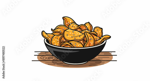 A black bowl overflowing with crisp, golden chips, sprinkled with white dots, resting on a wooden surface
