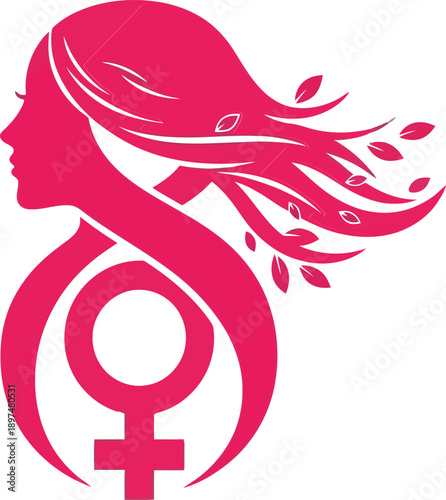 Pink female empowerment symbol with flowing hair on white background representing feminism and women's rights in a simple modern design