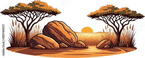 Pixel art savanna sunset scene with acacia trees, rocks, and tall grasses