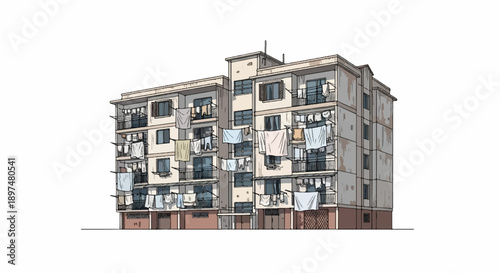 A hand-drawn, simple illustration of a drab, multi-story apartment building with laundry hanging from balconies