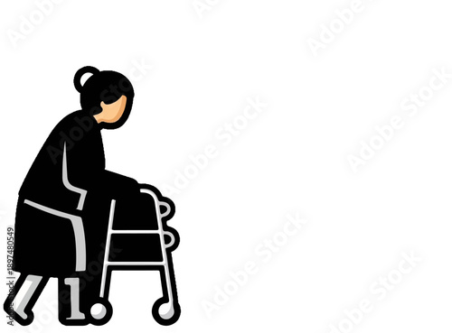 Elderly figure with walker, rendered in a simple, graphic style with bold outlines