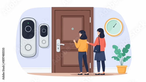 Two women approach a front door with smart doorbell technology and a potted plant