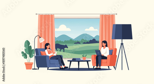 Two women in comfortable chairs working or reading at home, looking at nature