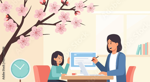 Two women collaborate at a desk with a blooming tree and clock nearby