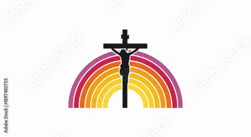 Black silhouette of Jesus on the cross over a vibrant rainbow