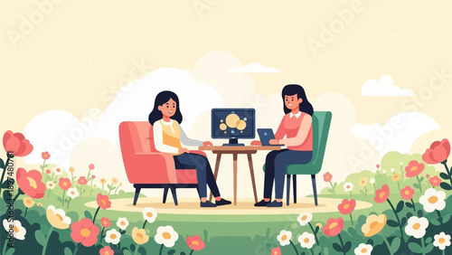 Two women interacting at a table with a computer and tablet in a blooming meadow