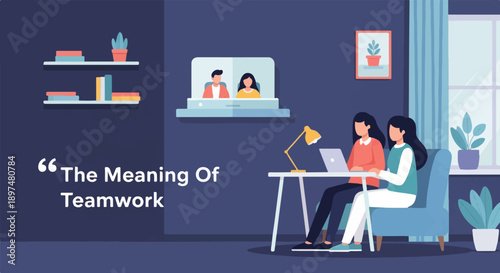 Two women collaborate on a laptop at a desk with plants and books, symbolizing teamwork