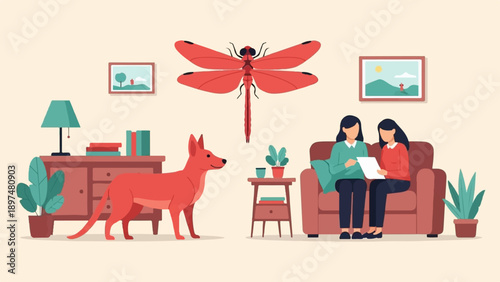 Two women on couch with dog and dragonfly decor