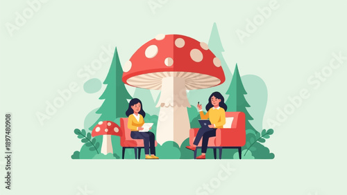 Two women converse in a whimsical forest setting with a giant mushroom