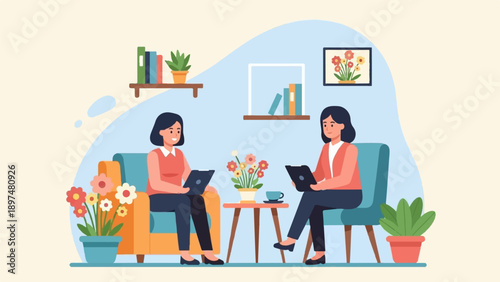 Two women consult tablets in a cozy living room