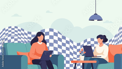 Two women on sofas with laptops, abstract checkered background