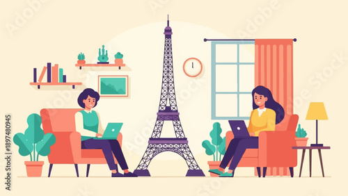 Two women on laptops with Eiffel Tower replica and indoor plants