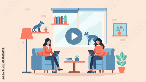 Two women on sofas with laptops, dogs on shelves, and plants