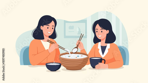 Two women share a meal of porridge at a table