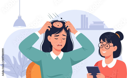 Two women, one stressed with her head in her hands, the other calm