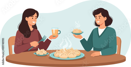 Two women enjoy a meal together, sharing dumplings and a drink at a round table