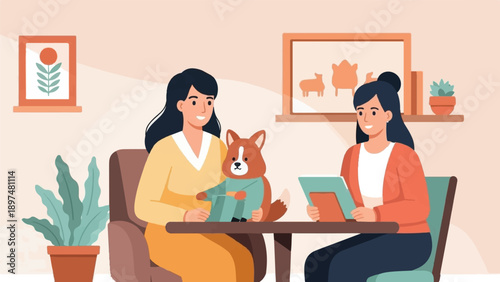 Two women sit at a table with a dog, one holding it, the other looking at a tablet
