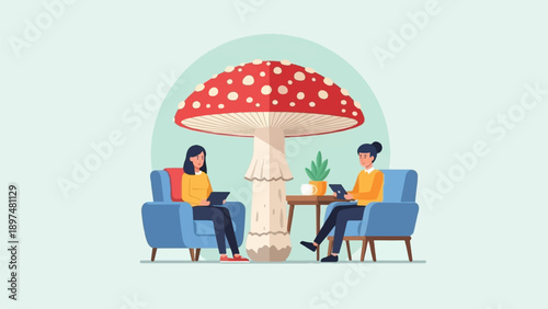 Two women sit in armchairs beneath a giant red and white mushroom