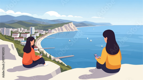 Two women sit on a cliff overlooking a coastal city and blue sea with sailboats