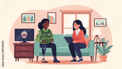 Two women sit on a couch in a living room, one with a prosthetic leg
