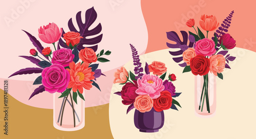A colorful illustration of three beautiful flower arrangements in vases on a vibrant background